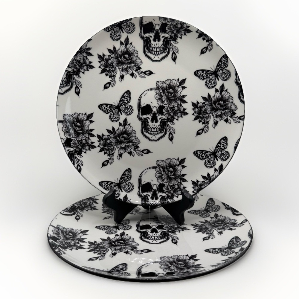 Zrike Brands Skull Flowers Butterfly Black White‎ 10.5" Dinner Plates (2) NEW